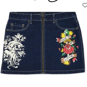 Ed Hardy panther zipper front mini denim skirt
